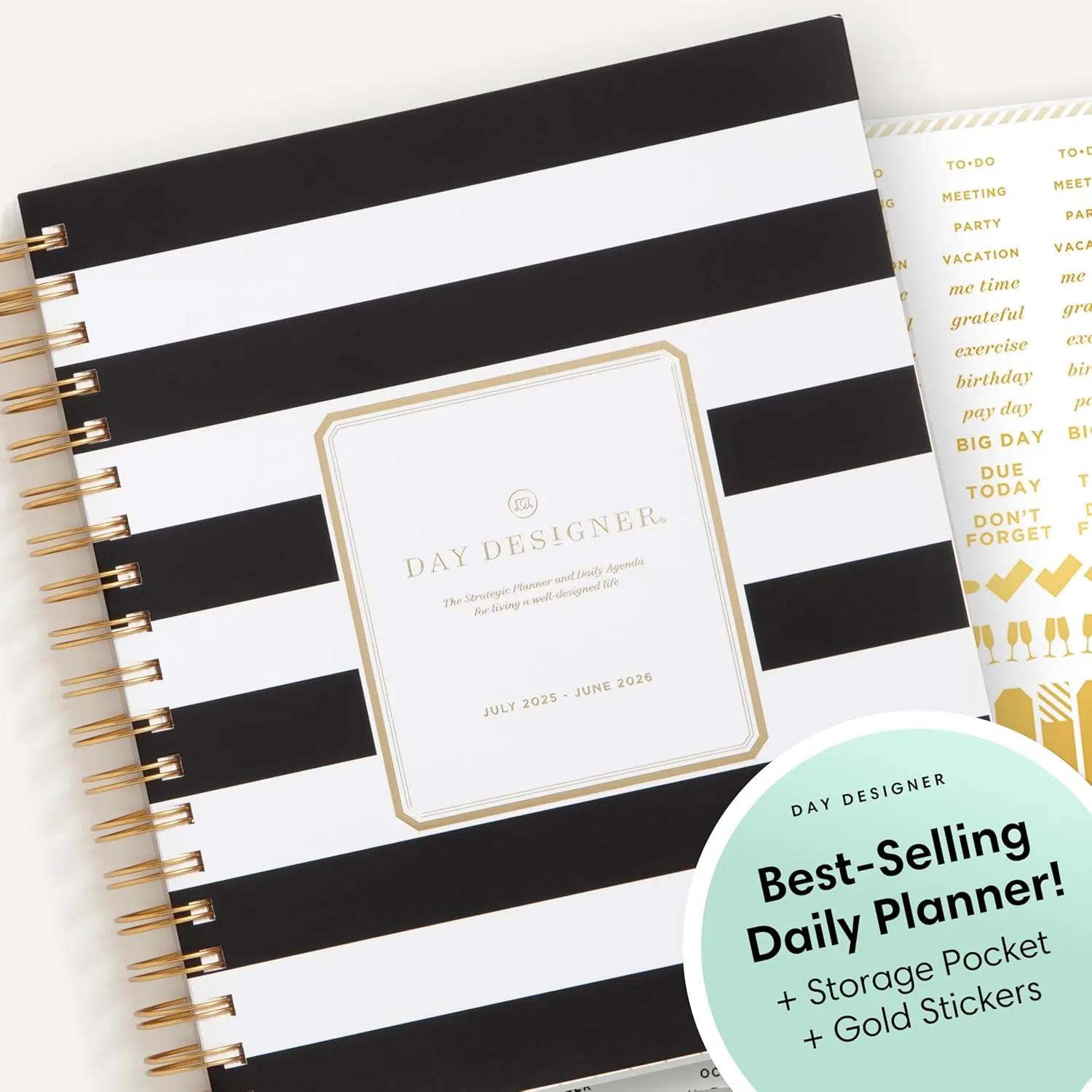 Blue Sky Day Designer 2025-2026 Daily and Monthly Academic Year Planner Calendar, July 2025 - June 2026, 8" x 10", Flexible Cover, Laminated Tabs, Storage Pocket, Includes Stickers, Black Stripe