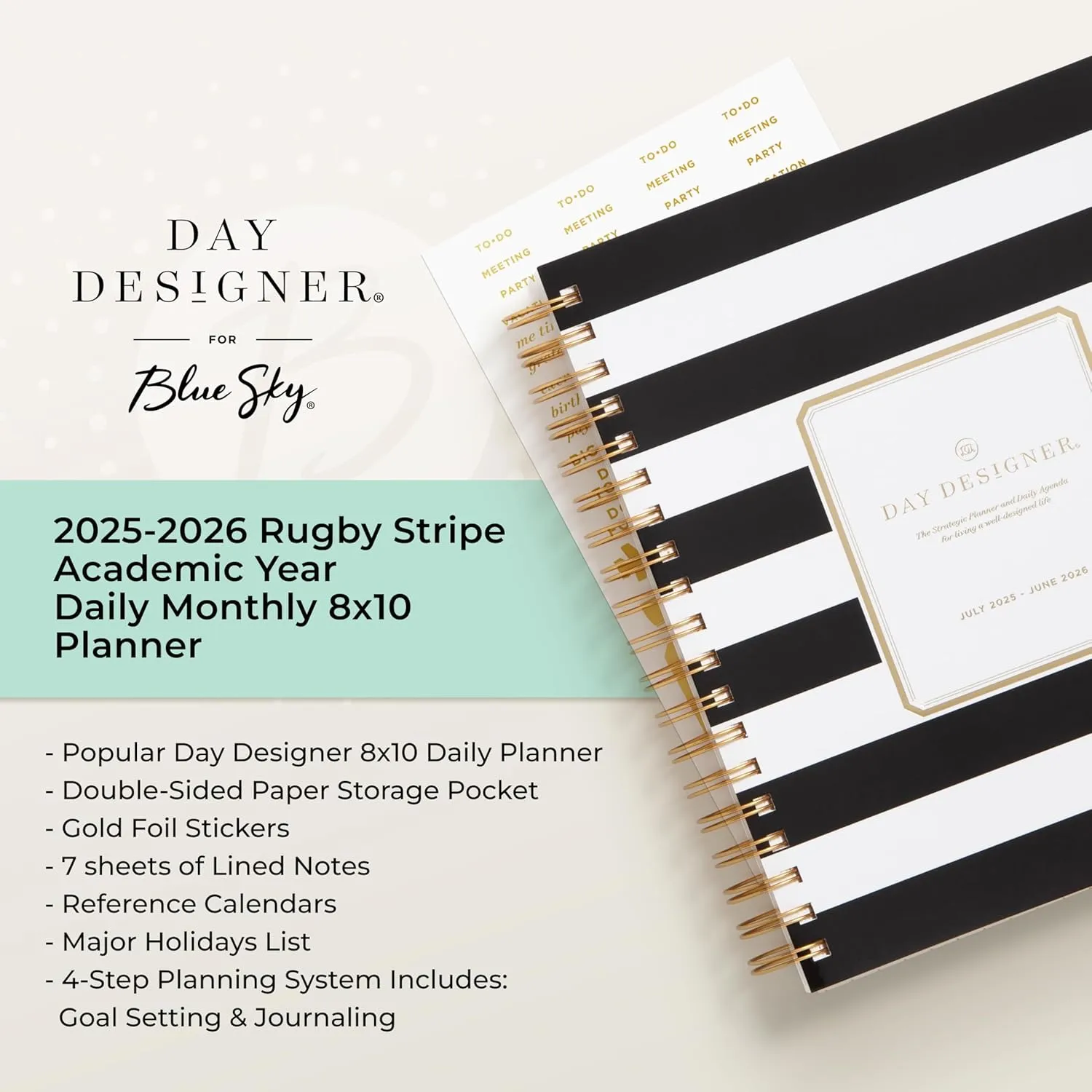 Blue Sky Day Designer 2025-2026 Daily and Monthly Academic Year Planner Calendar, July 2025 - June 2026, 8" x 10", Flexible Cover, Laminated Tabs, Storage Pocket, Includes Stickers, Black Stripe