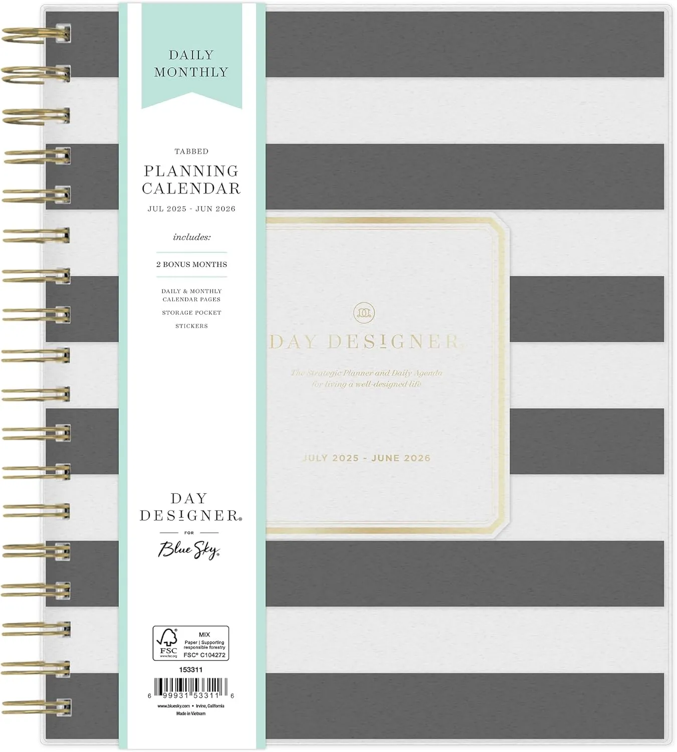 Blue Sky Day Designer 2025-2026 Daily and Monthly Academic Year Planner Calendar, July 2025 - June 2026, 8" x 10", Flexible Cover, Laminated Tabs, Storage Pocket, Includes Stickers, Black Stripe