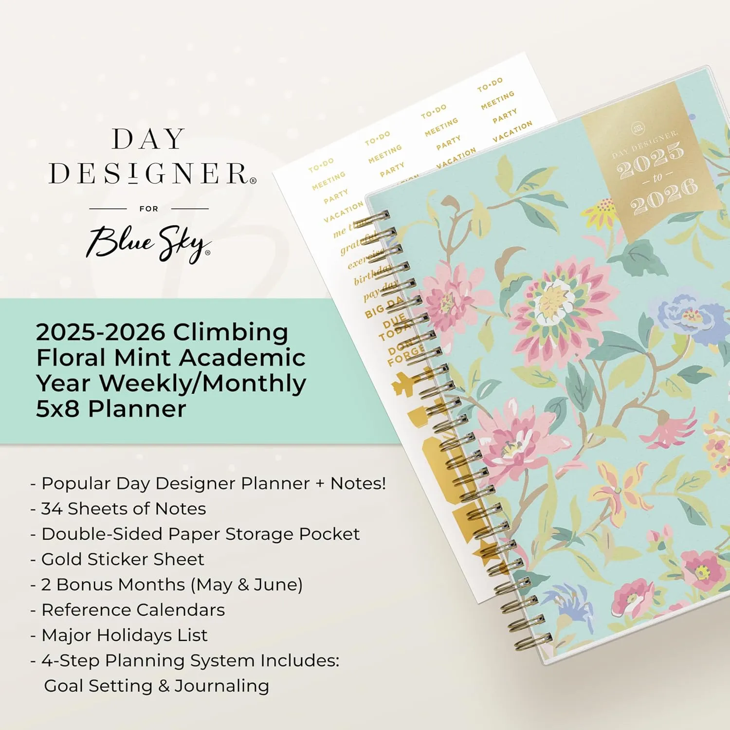 Blue Sky Day Designer 2025-2026 Weekly and Monthly Academic Year Planner Calendar, July 2025 - June 2026, 5.8" x 8.6", Flexible Cover, Laminated Tabs, Storage Pocket, Includes Stickers, Climbing Floral Mint