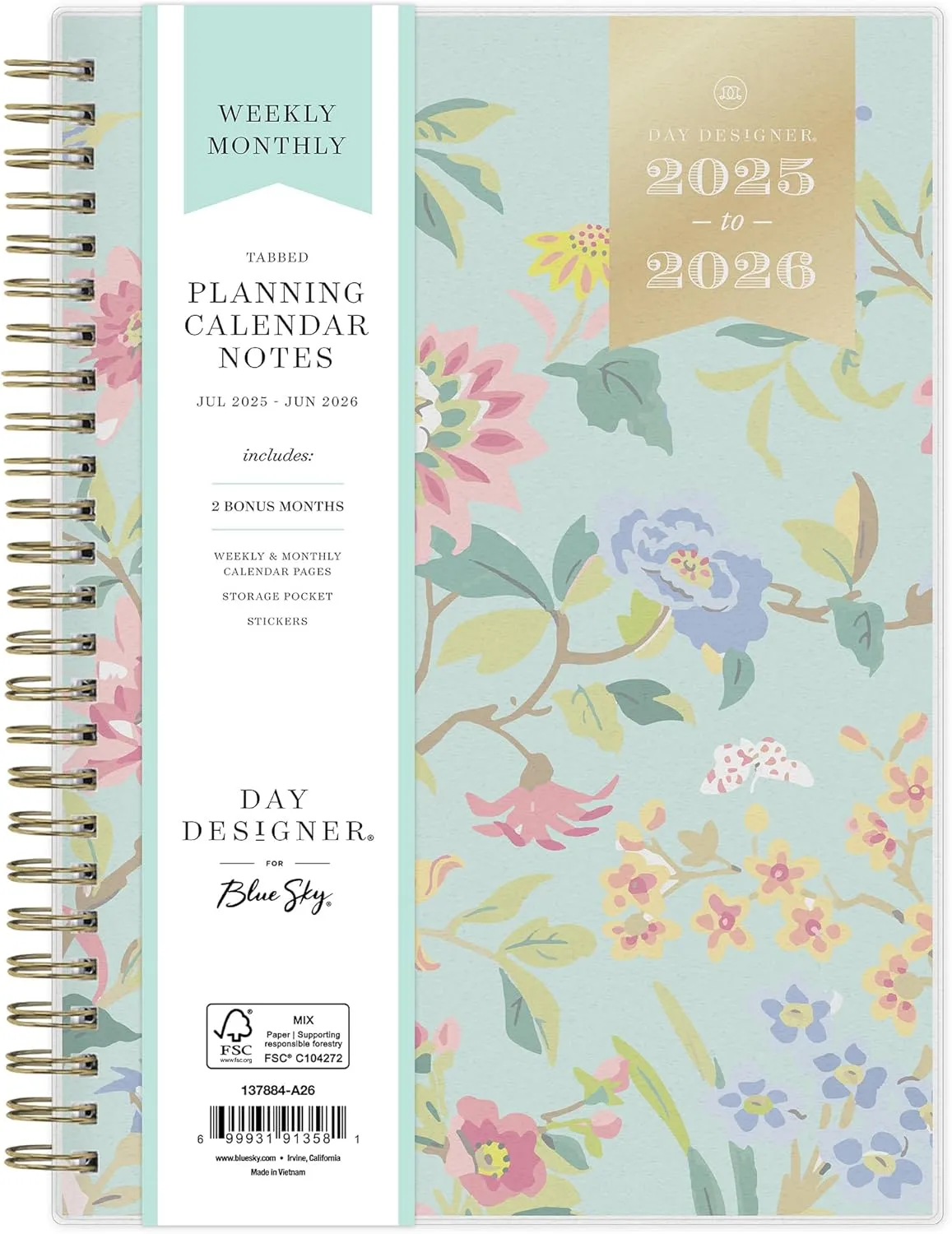 Blue Sky Day Designer 2025-2026 Weekly and Monthly Academic Year Planner Calendar, July 2025 - June 2026, 5.8" x 8.6", Flexible Cover, Laminated Tabs, Storage Pocket, Includes Stickers, Climbing Floral Mint