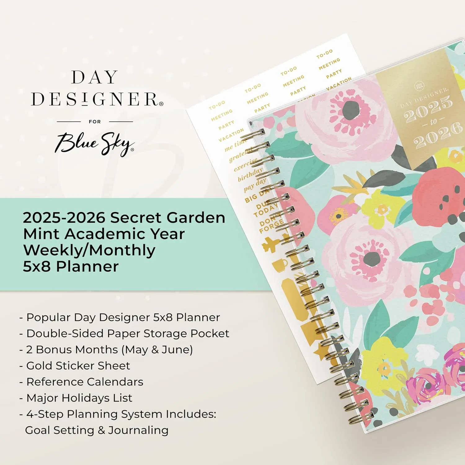 Blue Sky Day Designer 2025-2026 Weekly and Monthly Academic Year Planner Calendar, July 2025 - June 2026, 5" x 8", Flexible Cover, Laminated Tabs, Storage Pocket, Includes Stickers, Secret Garden Mint
