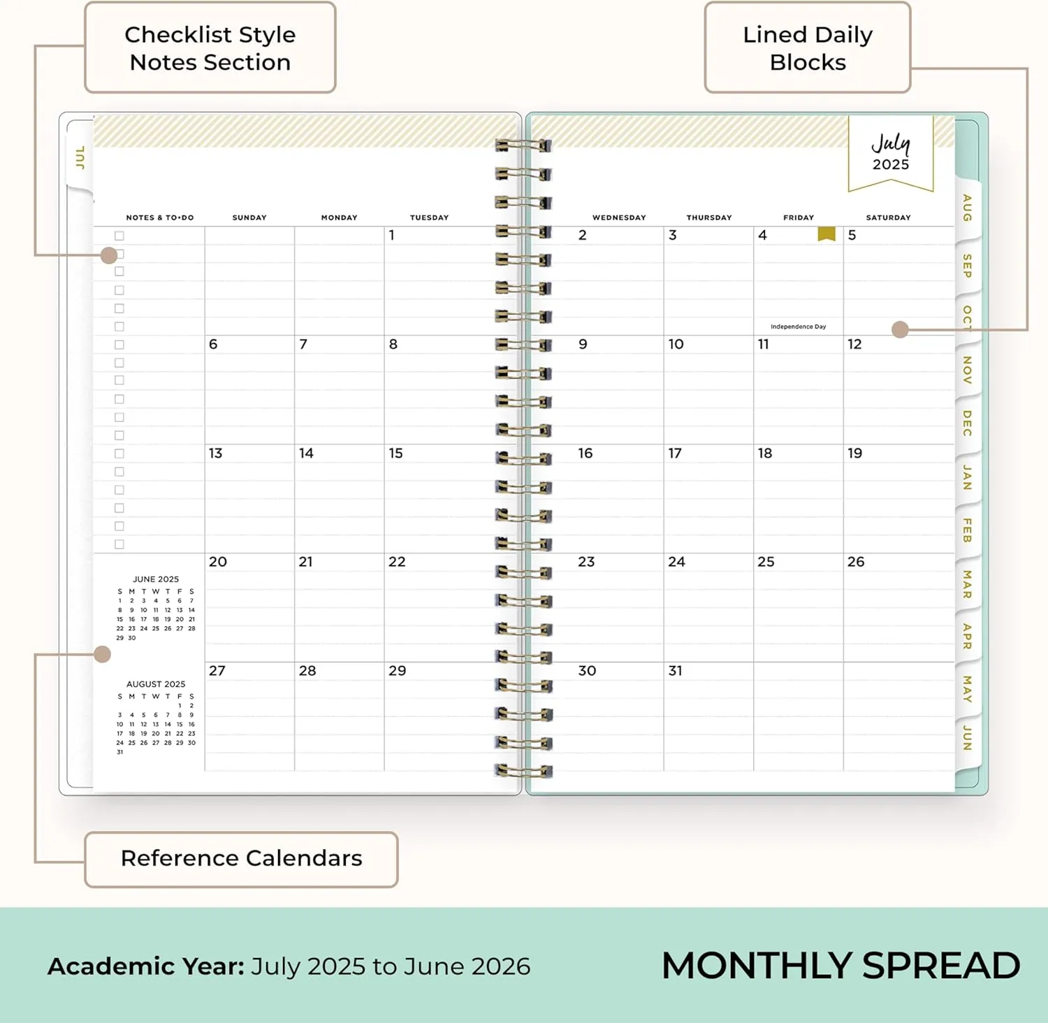 Blue Sky Day Designer 2025-2026 Weekly and Monthly Academic Year Planner Calendar, July 2025 - June 2026, 5" x 8", Flexible Cover, Laminated Tabs, Storage Pocket, Includes Stickers, Secret Garden Mint