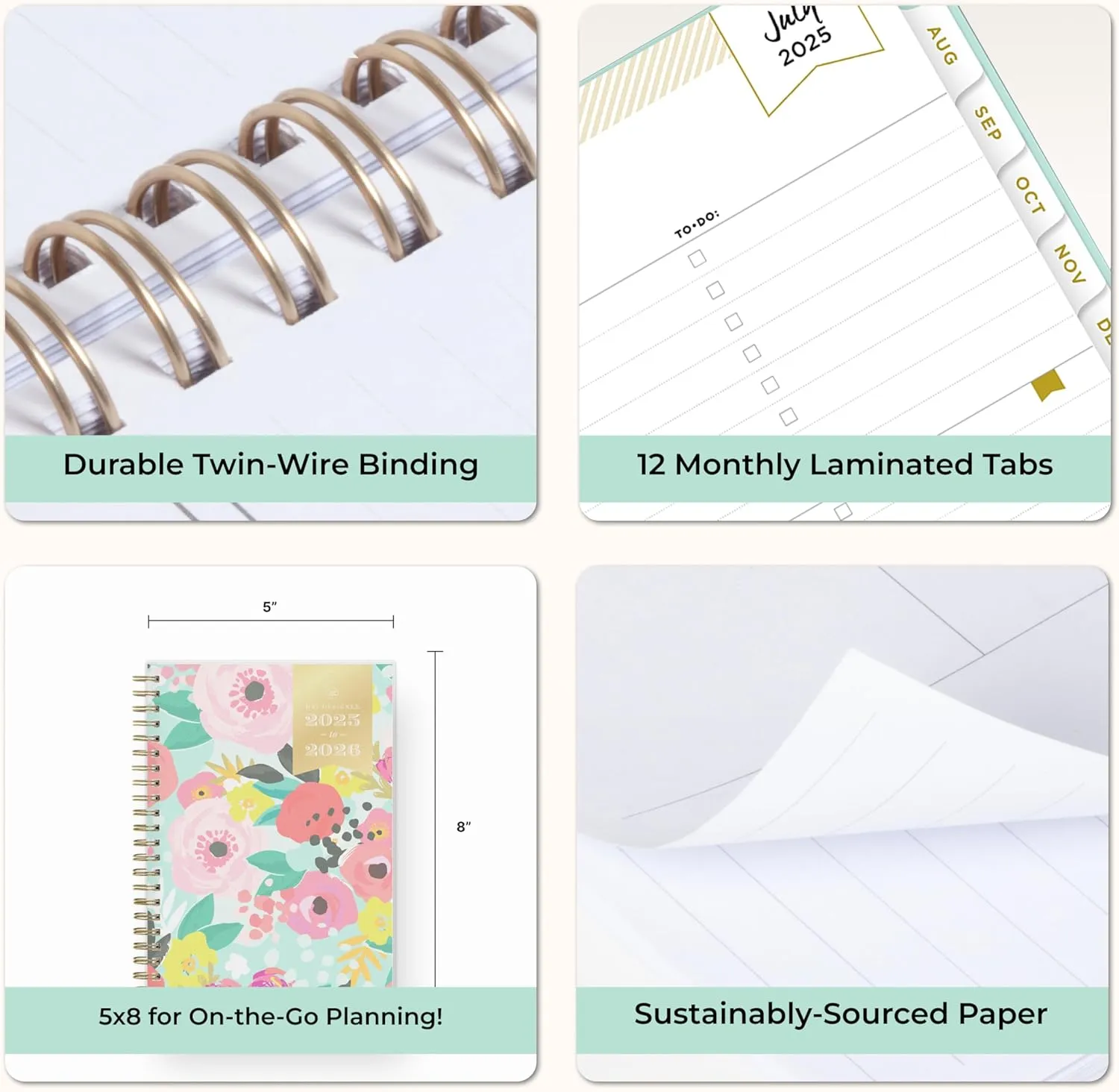 Blue Sky Day Designer 2025-2026 Weekly and Monthly Academic Year Planner Calendar, July 2025 - June 2026, 5" x 8", Flexible Cover, Laminated Tabs, Storage Pocket, Includes Stickers, Secret Garden Mint
