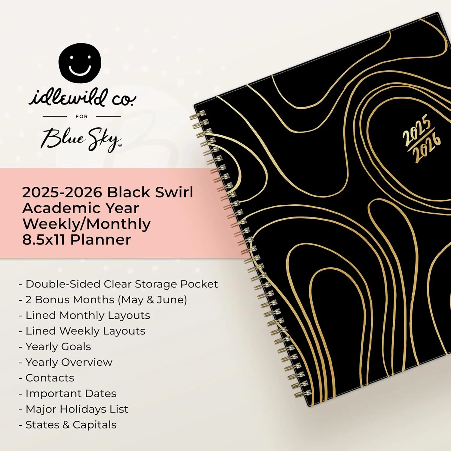 Blue Sky Idlewild 2025-2026 Academic Year Weekly and Monthly Planner Calendar, July 2025 - June 2026, 12-Month, 8.5"x11", Flexible Cover, Wirebound, Laminated Tabs, Storage Pocket, Black Swirl