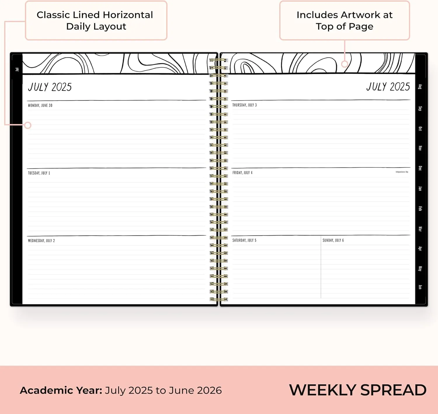 Blue Sky Idlewild 2025-2026 Academic Year Weekly and Monthly Planner Calendar, July 2025 - June 2026, 12-Month, 8.5"x11", Flexible Cover, Wirebound, Laminated Tabs, Storage Pocket, Black Swirl