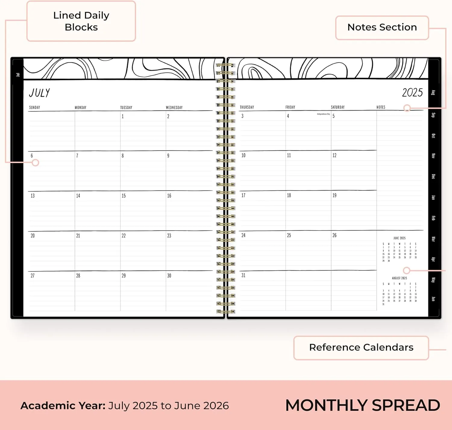 Blue Sky Idlewild 2025-2026 Academic Year Weekly and Monthly Planner Calendar, July 2025 - June 2026, 12-Month, 8.5"x11", Flexible Cover, Wirebound, Laminated Tabs, Storage Pocket, Black Swirl