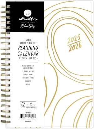 Blue Sky Idlewild 2025-2026 Weekly and Monthly Academic Year Planner Calendar, July 2025 - June 2026, 5" x 8", Flexible Cover, Wirebound, Laminated Tabs, Storage Pocket, White Swirl