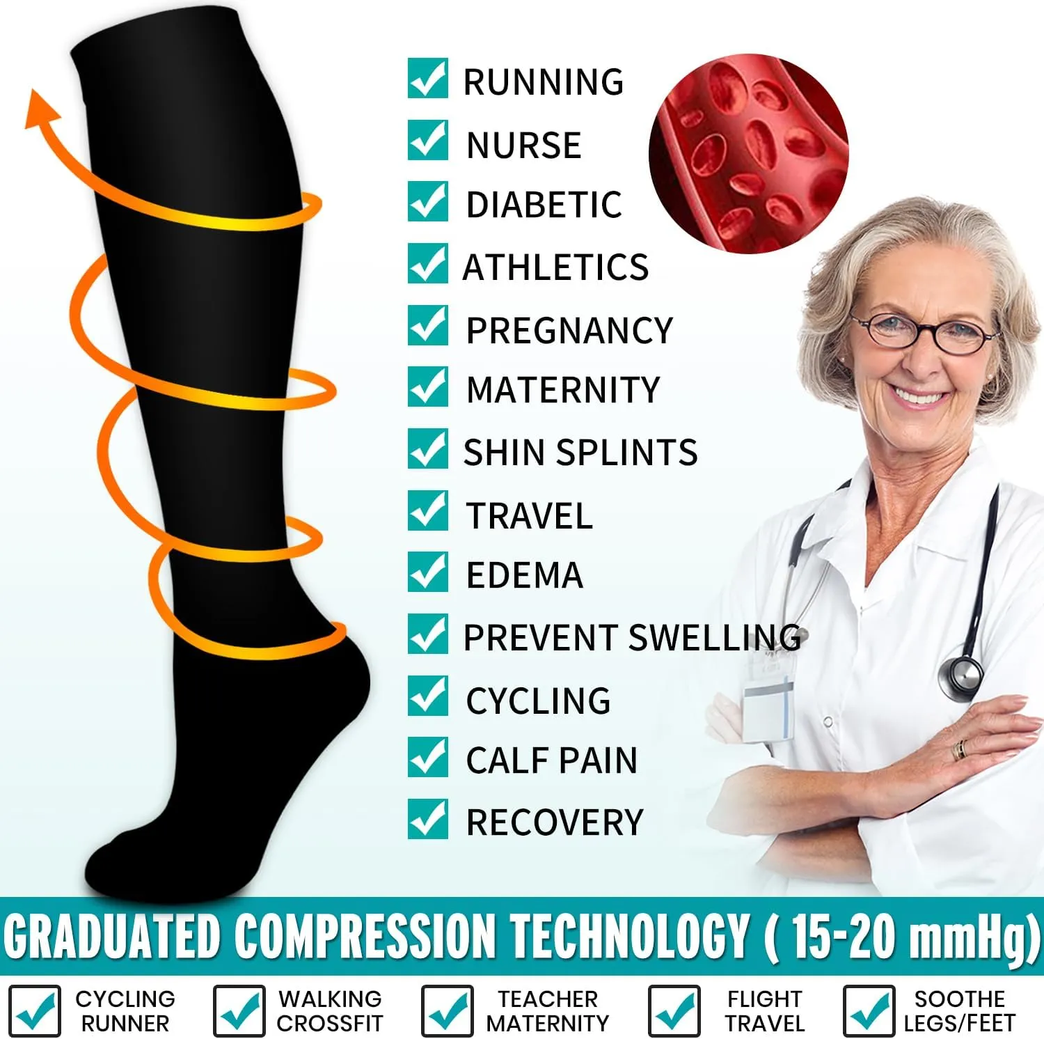 BLUEENJOY Copper Compression Socks for Women & Men (6 pairs) - Best Support for Nurses, Running, Hiking, Recovery