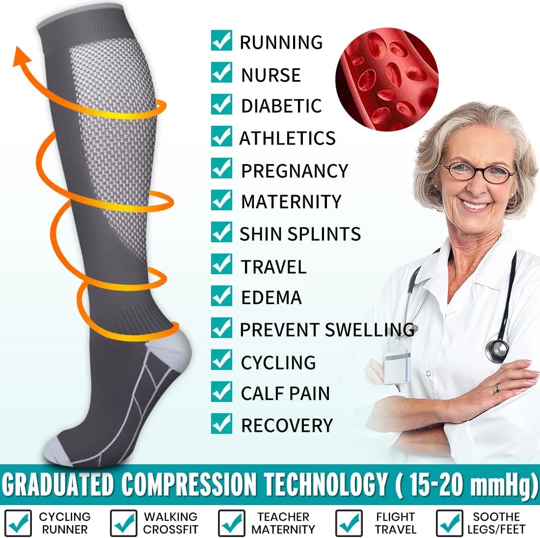 BLUEENJOY Copper Compression Socks for Women & Men (6 pairs) - Best Support for Nurses, Running, Hiking, Recovery