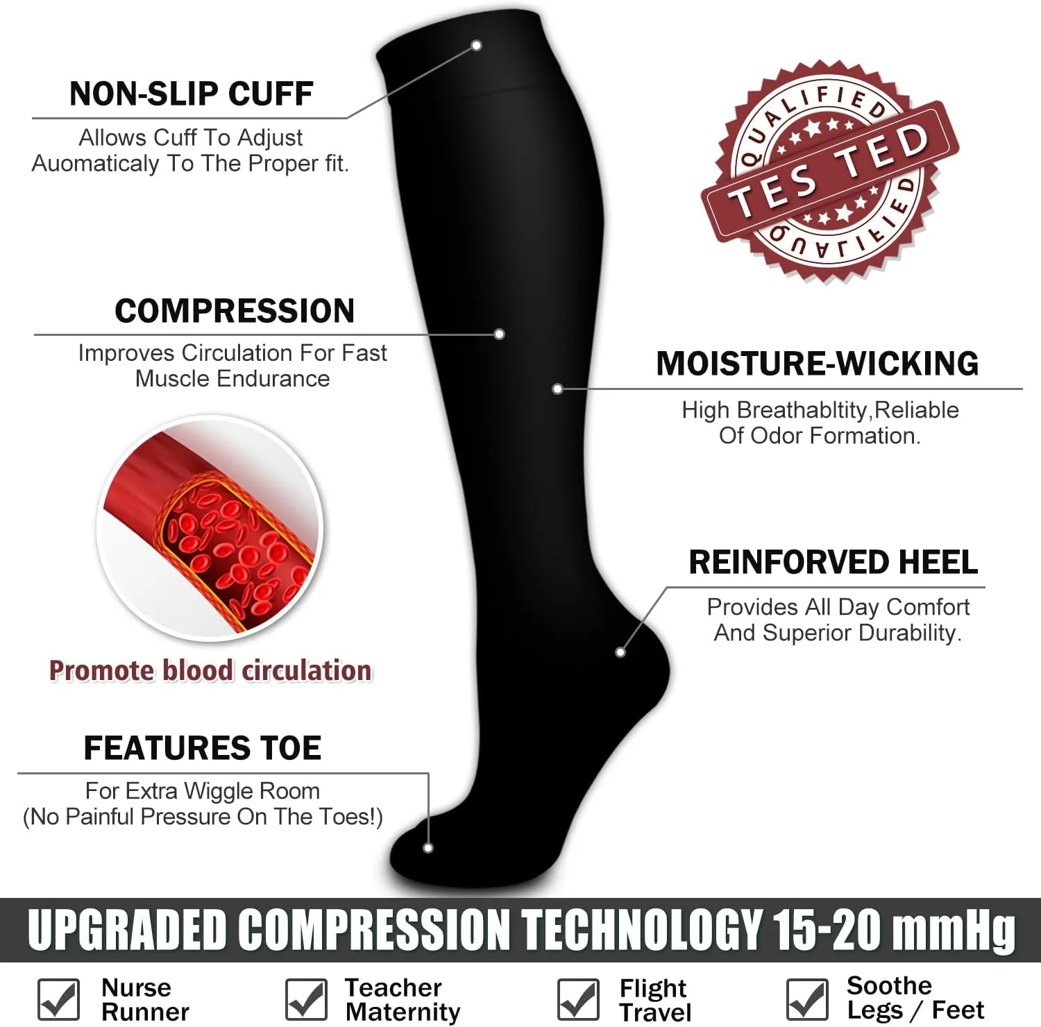 Bluemaple 6 Pack Copper Compression Socks for Women and Men Circulation-Best Support for Medical, Running,Nursing,Athletic