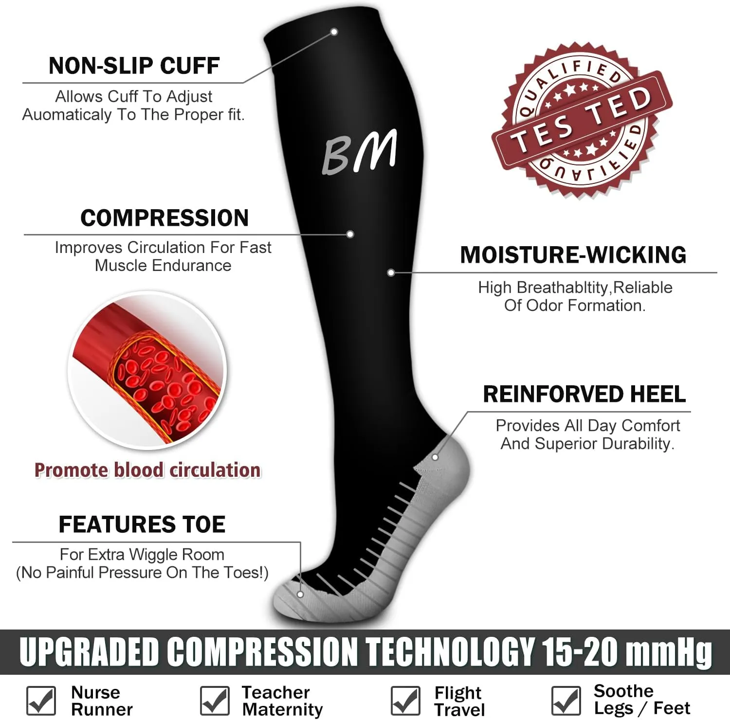 Bluemaple 6 Pack Copper Compression Socks for Women and Men Circulation-Best Support for Medical, Running,Nursing,Athletic