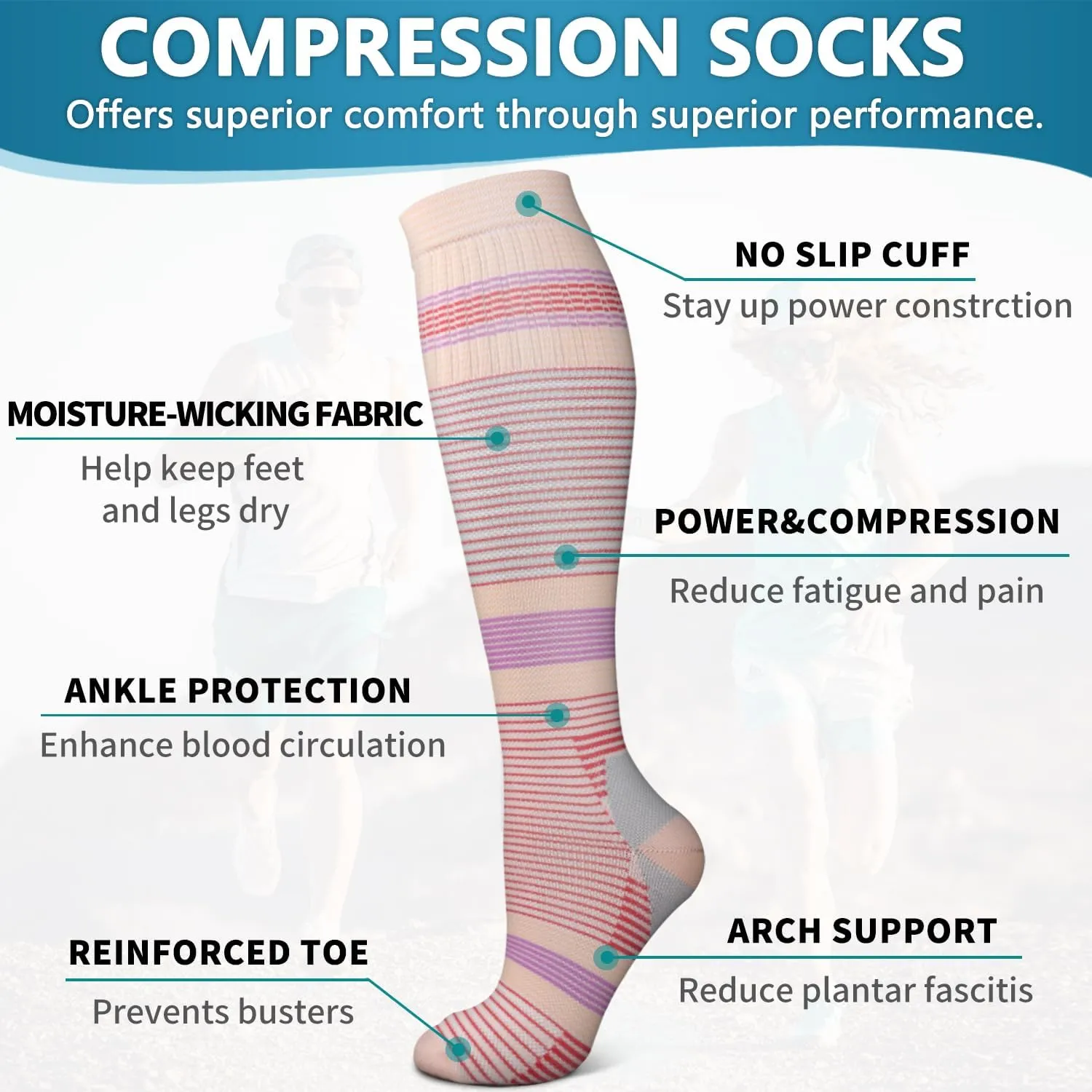 Bluemaple 6 Pack Copper Compression Socks for Women and Men Circulation-Best Support for Medical, Running,Nursing,Athletic