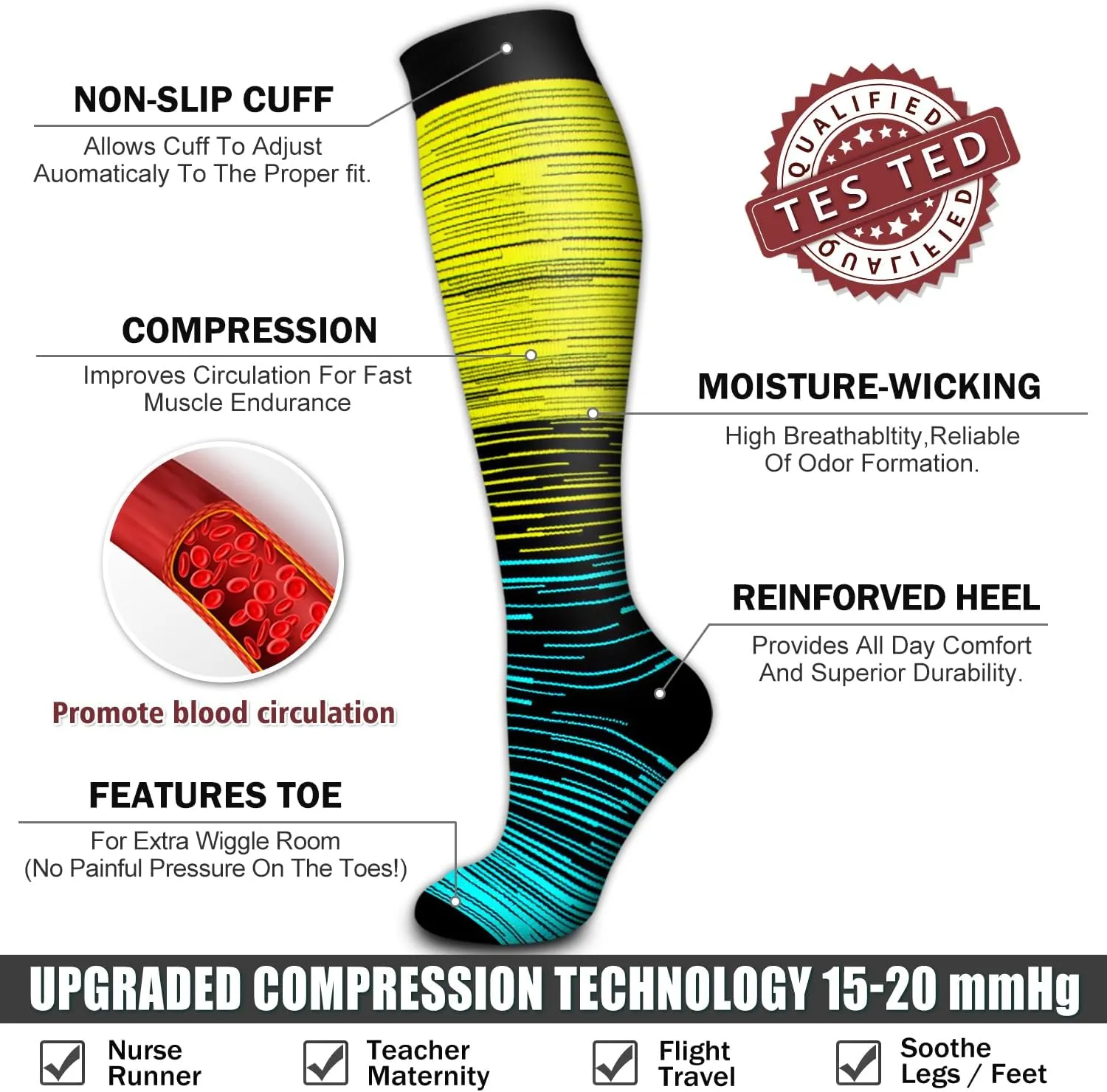 Bluemaple 6 Pack Copper Compression Socks for Women and Men Circulation-Best Support for Medical, Running,Nursing,Athletic