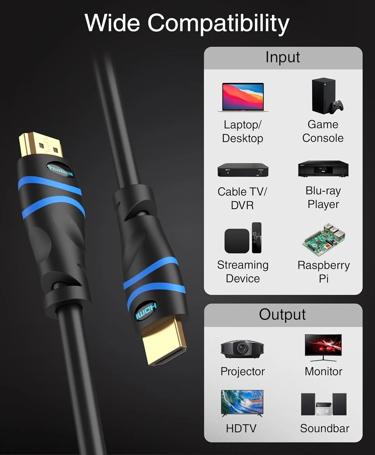 BlueRigger 4K HDMI Cable 35FT (4K 30Hz, HDR10, in-Wall CL3 Rated, High Speed, HDCP2.3, eARC) - Long HDMI Cable Compatible with Home Theatre, HDTV, Gaming Consoles, Streaming Devices