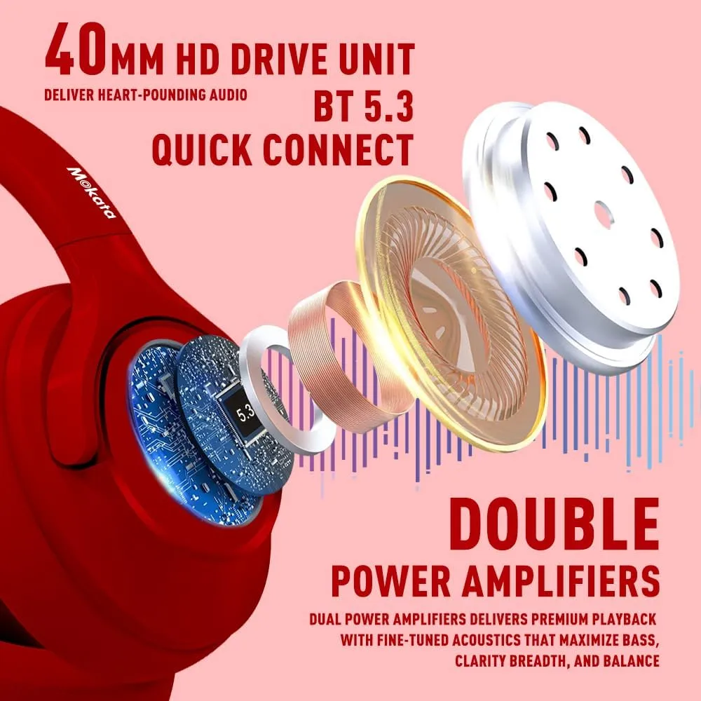 Bluetooth 5.3 Headphones Over Ear 68H Playtime 6 EQ Wireless Headset with Microphone HiFi Stereo Foldable Lightweight Deep Bass for Travel Home Office Cellphone Red