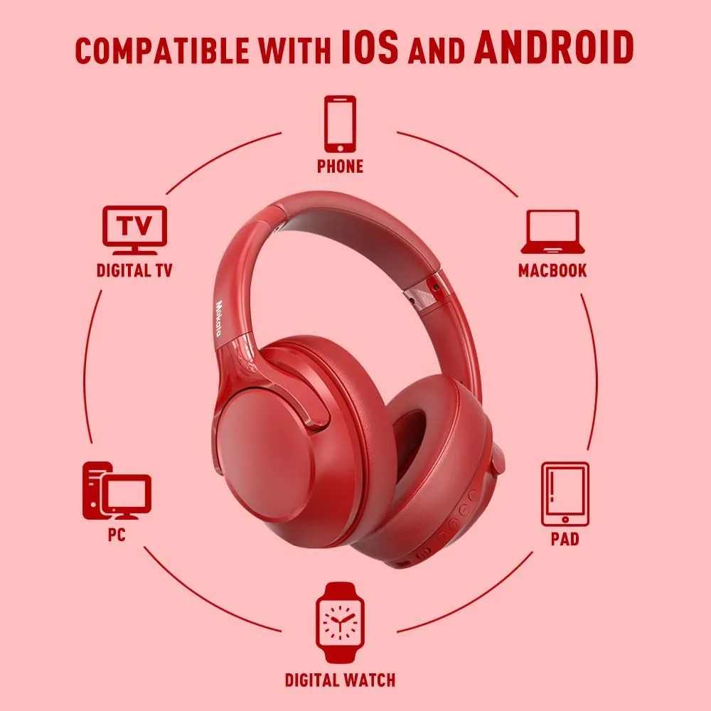 Bluetooth 5.3 Headphones Over Ear 68H Playtime 6 EQ Wireless Headset with Microphone HiFi Stereo Foldable Lightweight Deep Bass for Travel Home Office Cellphone Red