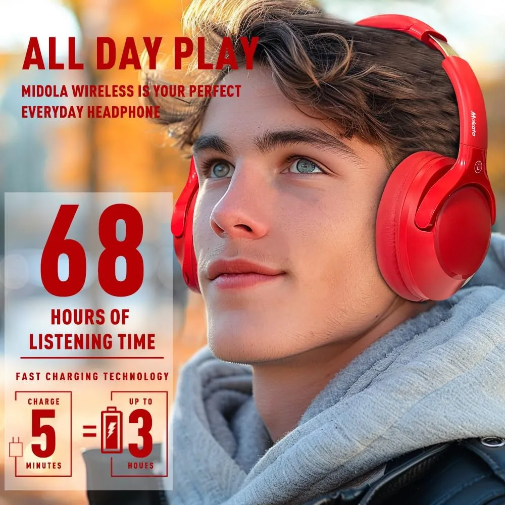 Bluetooth 5.3 Headphones Over Ear 68H Playtime 6 EQ Wireless Headset with Microphone HiFi Stereo Foldable Lightweight Deep Bass for Travel Home Office Cellphone Red