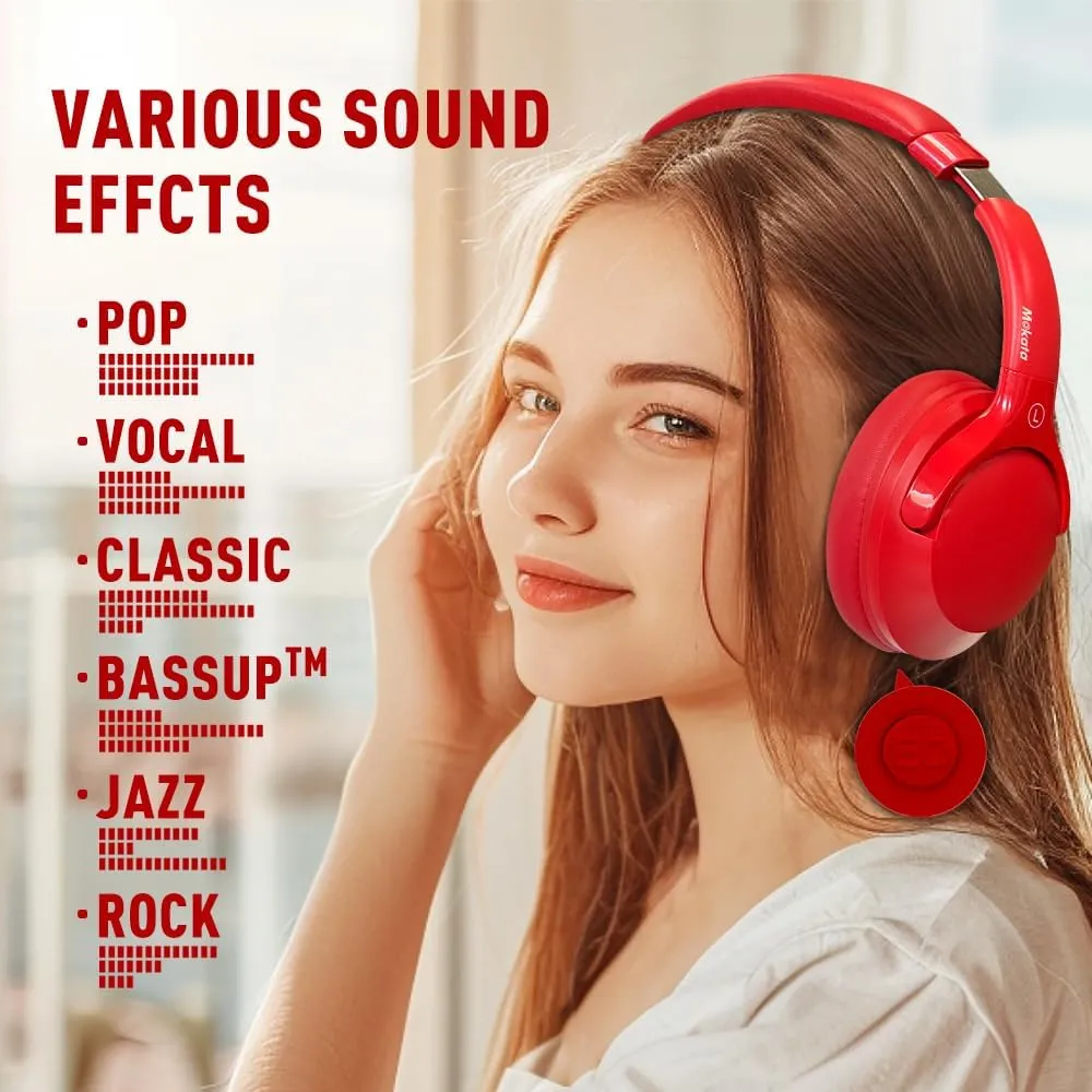 Bluetooth 5.3 Headphones Over Ear 68H Playtime 6 EQ Wireless Headset with Microphone HiFi Stereo Foldable Lightweight Deep Bass for Travel Home Office Cellphone Red