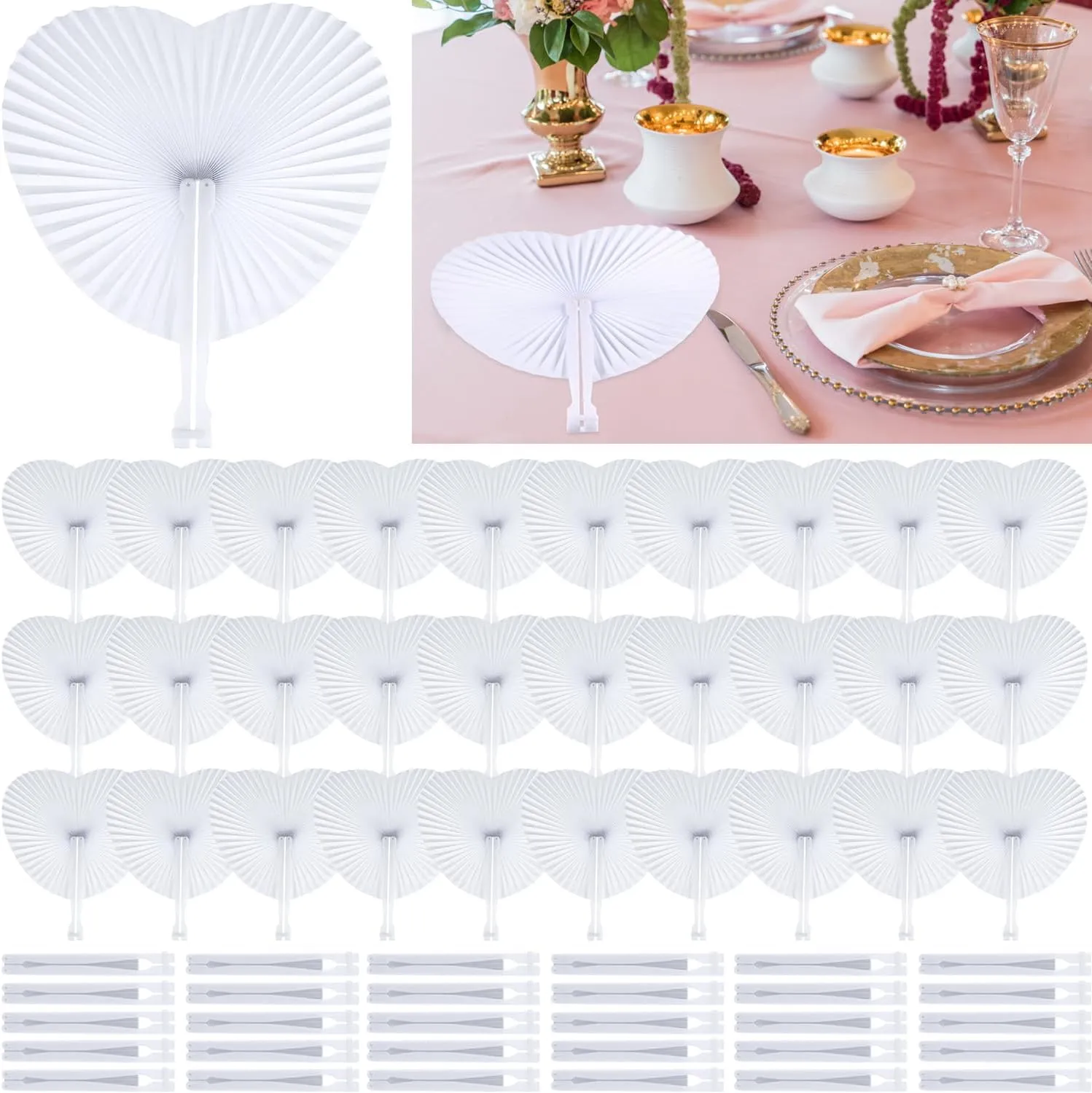Blulu 60 Pack Folding Hand Fans Heart Wedding Handheld Foldable Paper Fans with Plastic Handle for Guests Dancing Wedding Birthday Bridal Shower Decorative Celebration Party Supplies