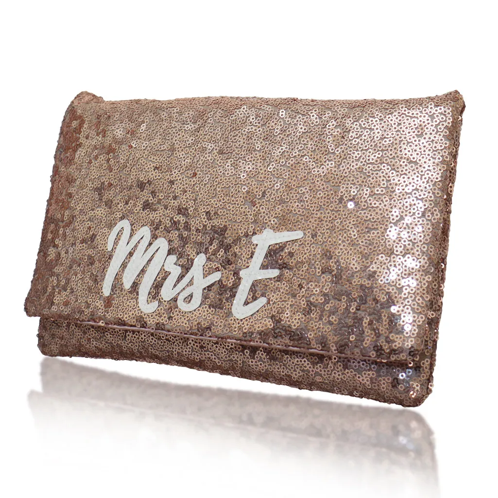 Blush rose gold sequin MRS initial bridal wedding day clutch