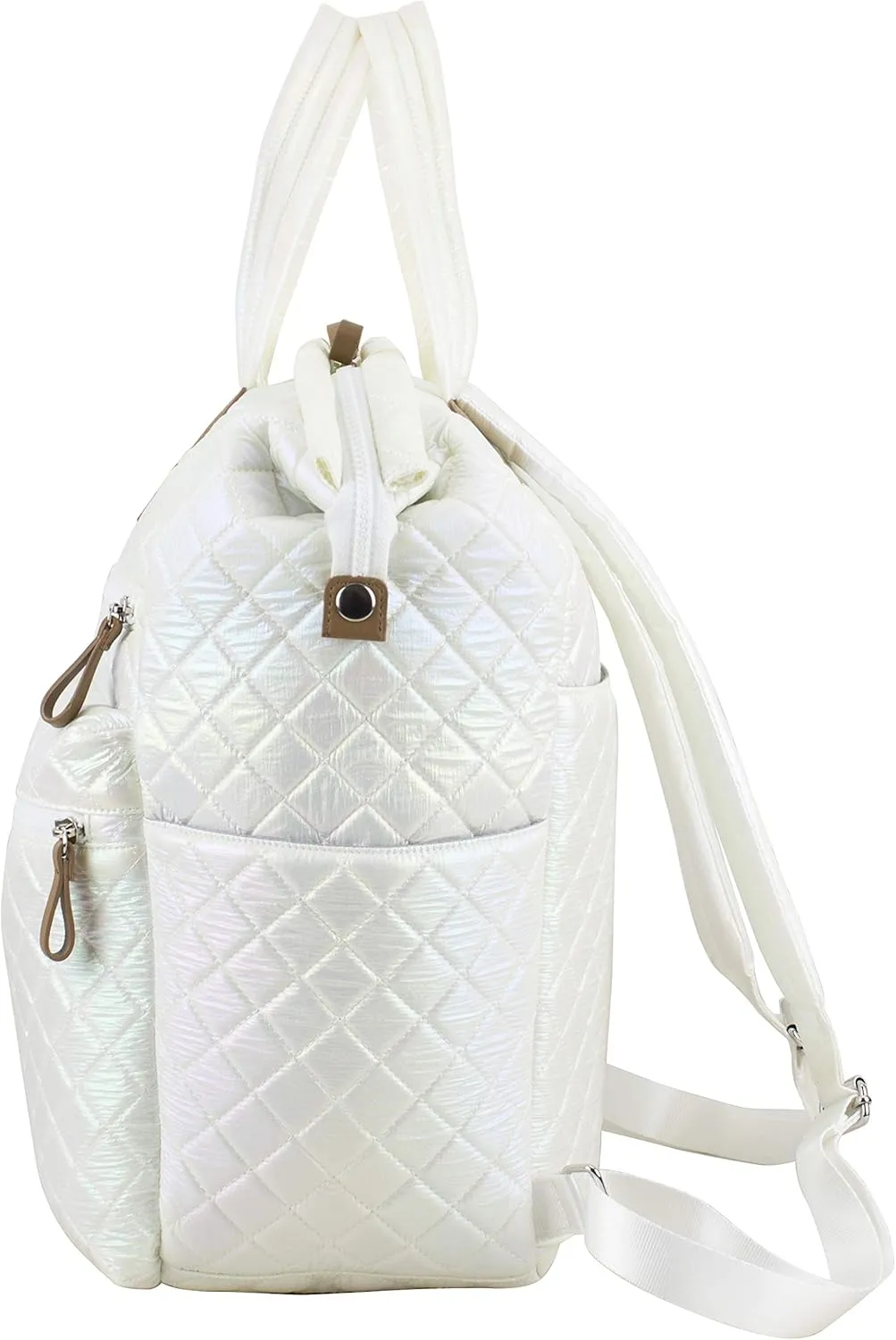 BODHI Womens Quilted Luxe Top Handle Travel Shoulder Work Bag Convertible Backpack Purse Casual with Trolley Sleeve, White Iridescent