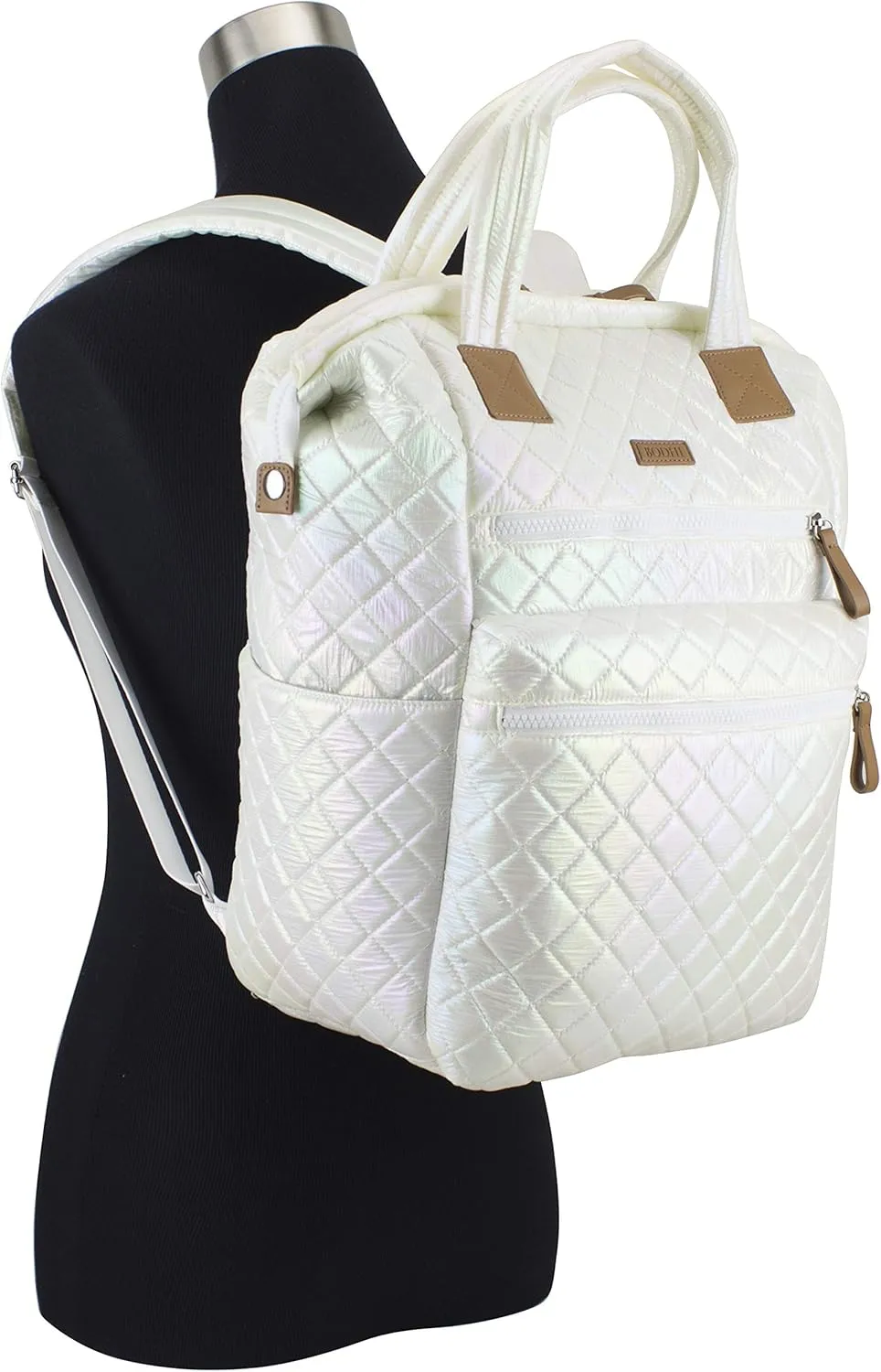 BODHI Womens Quilted Luxe Top Handle Travel Shoulder Work Bag Convertible Backpack Purse Casual with Trolley Sleeve, White Iridescent