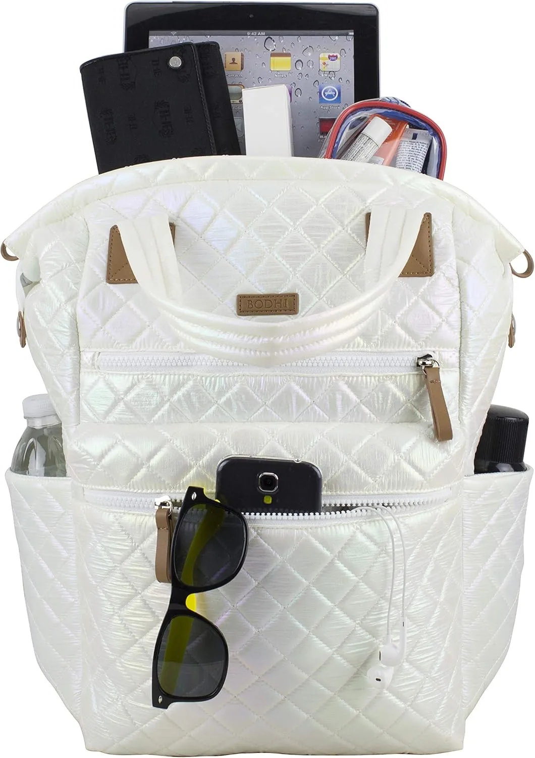 BODHI Womens Quilted Luxe Top Handle Travel Shoulder Work Bag Convertible Backpack Purse Casual with Trolley Sleeve, White Iridescent