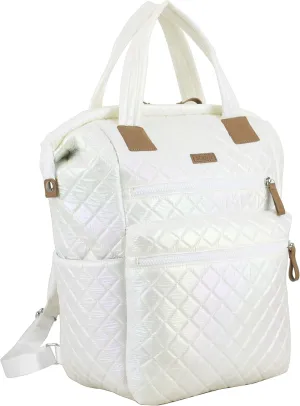 BODHI Womens Quilted Luxe Top Handle Travel Shoulder Work Bag Convertible Backpack Purse Casual with Trolley Sleeve, White Iridescent