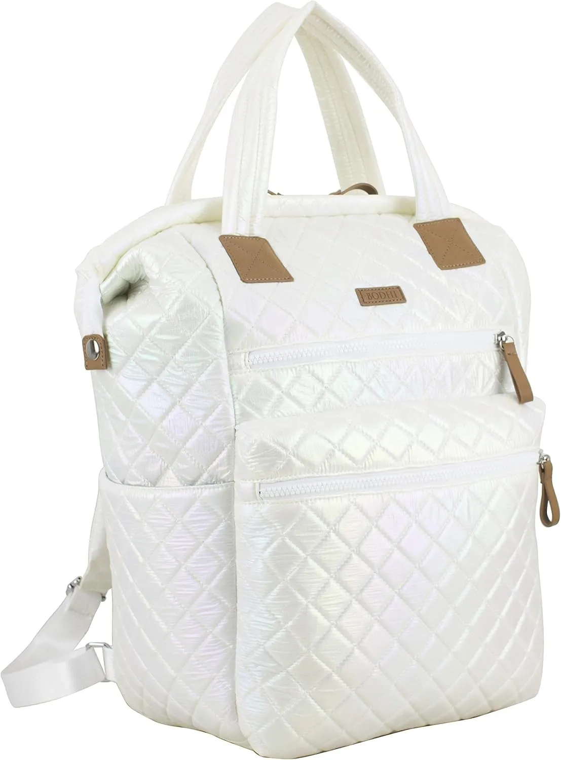 BODHI Womens Quilted Luxe Top Handle Travel Shoulder Work Bag Convertible Backpack Purse Casual with Trolley Sleeve, White Iridescent