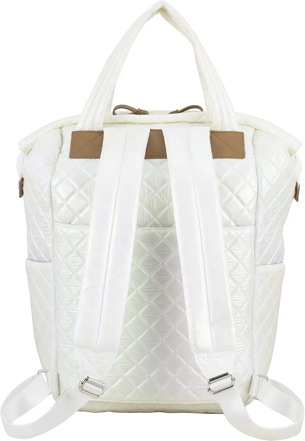 BODHI Womens Quilted Luxe Top Handle Travel Shoulder Work Bag Convertible Backpack Purse Casual with Trolley Sleeve, White Iridescent