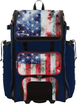 Boombah Rolling Catchers Superpack 2.0 Baseball/Softball Gear Bag - 23-1/2" x 13-1/2" x 9-1/2" - Old Glory Navy/Red/White - Telescopic Handle - Holds 4 Bats - Wheeled Version