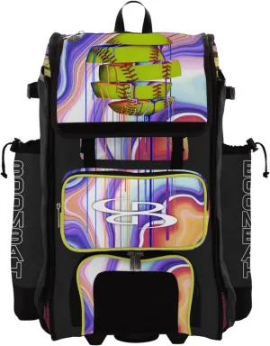 Boombah Rolling Catchers Superpack Bat Bag - 23-1/2" x 13-1/2" x 9-1/2" - Telescopic Handle - Holds 4 Bats - Wheeled Version - Softball Focus Optic Yellow/Black/Amethyst Orchid