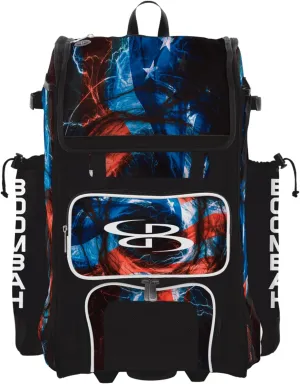 Boombah Rolling Catchers Superpack Bat Bag - 23-1/2" x 13-1/2" x 9-1/2" - Telescopic Handle - Holds 4 Bats - Wheeled Version - USA Patriot Black/Red/White