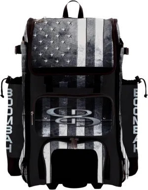 Boombah Rolling Catchers Superpack Bat Bag - 23-1/2" x 13-1/2" x 9-1/2" - Telescopic Handle - Holds 4 Bats - Wheeled Version - USA Shield Black Ops Black/Gray/White