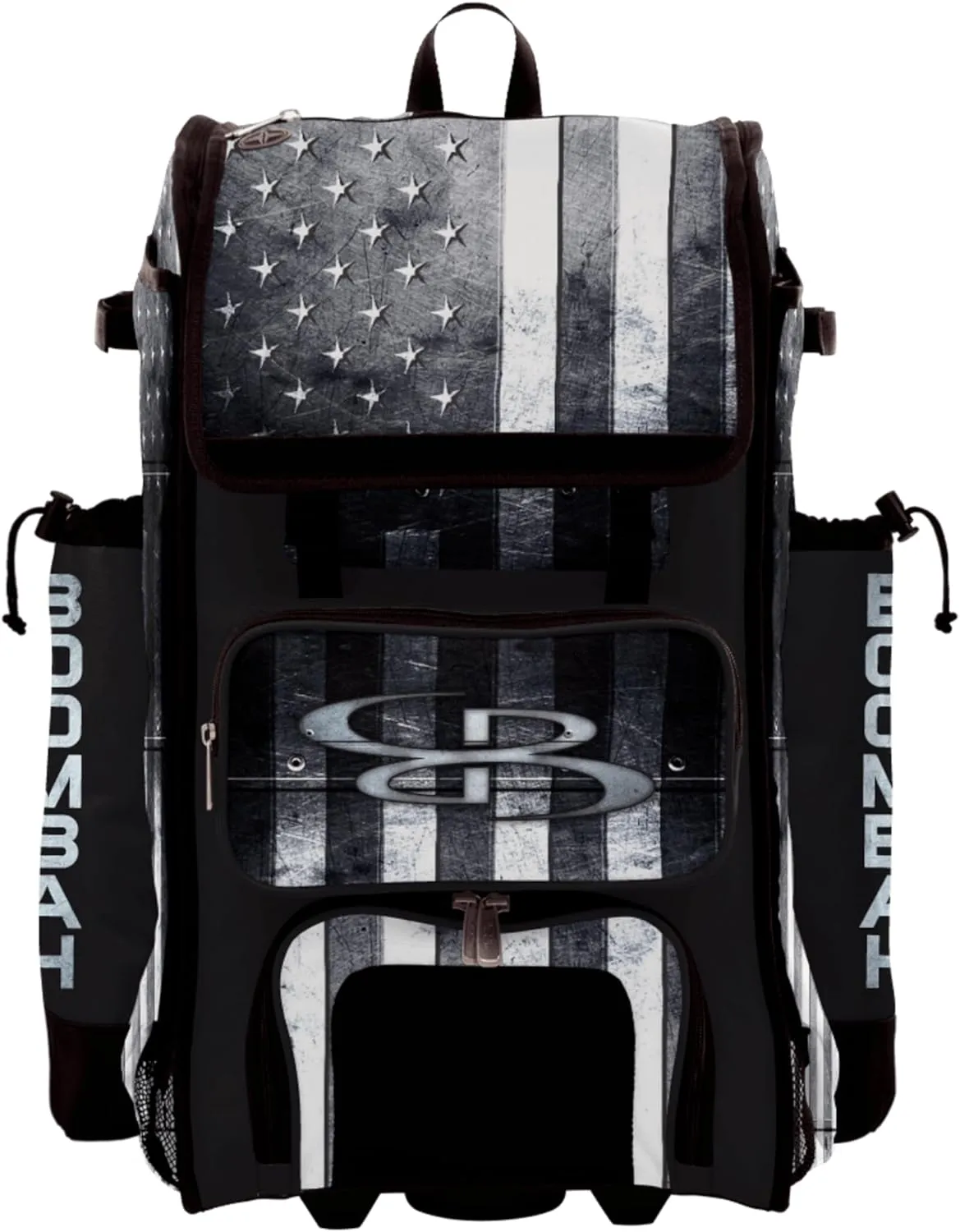 Boombah Rolling Catchers Superpack Bat Bag - 23-1/2" x 13-1/2" x 9-1/2" - Telescopic Handle - Holds 4 Bats - Wheeled Version - USA Shield Black Ops Black/Gray/White