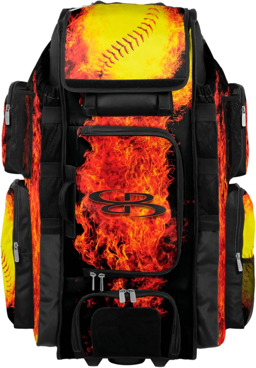 Boombah Superpack XL Rolling Bat Bag - 36" x 16" x 23.5" - Telescopic Handle - Holds 8 Bats - Wheeled Version - Softball Flame Thrower Black/Orange