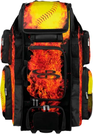 Boombah Superpack XL Rolling Bat Bag - 36" x 16" x 23.5" - Telescopic Handle - Holds 8 Bats - Wheeled Version - Softball Flame Thrower Black/Orange