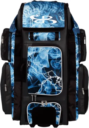Boombah Superpack XL Rolling Bat Bag - 36" x 16" x 23.5" - Telescopic Handle - Holds 8 Bats - Wheeled Version - The Natural 3 Black/White/Columbia Blue