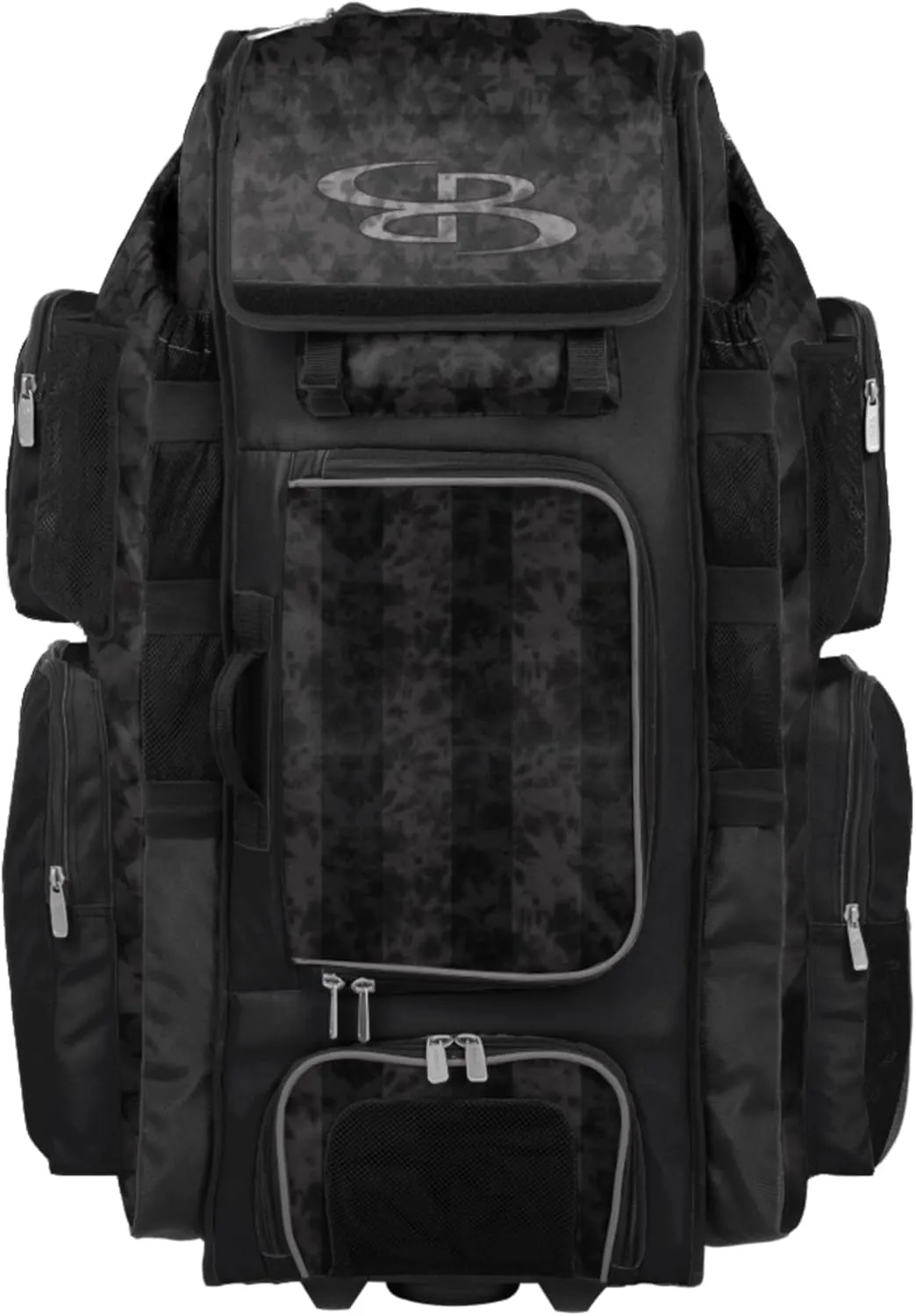 Boombah Superpack XL Rolling Bat Bag - 36" x 16" x 23.5" - Telescopic Handle - Holds 8 Bats - Wheeled Version - USA Defend Black Ops Black/Steel
