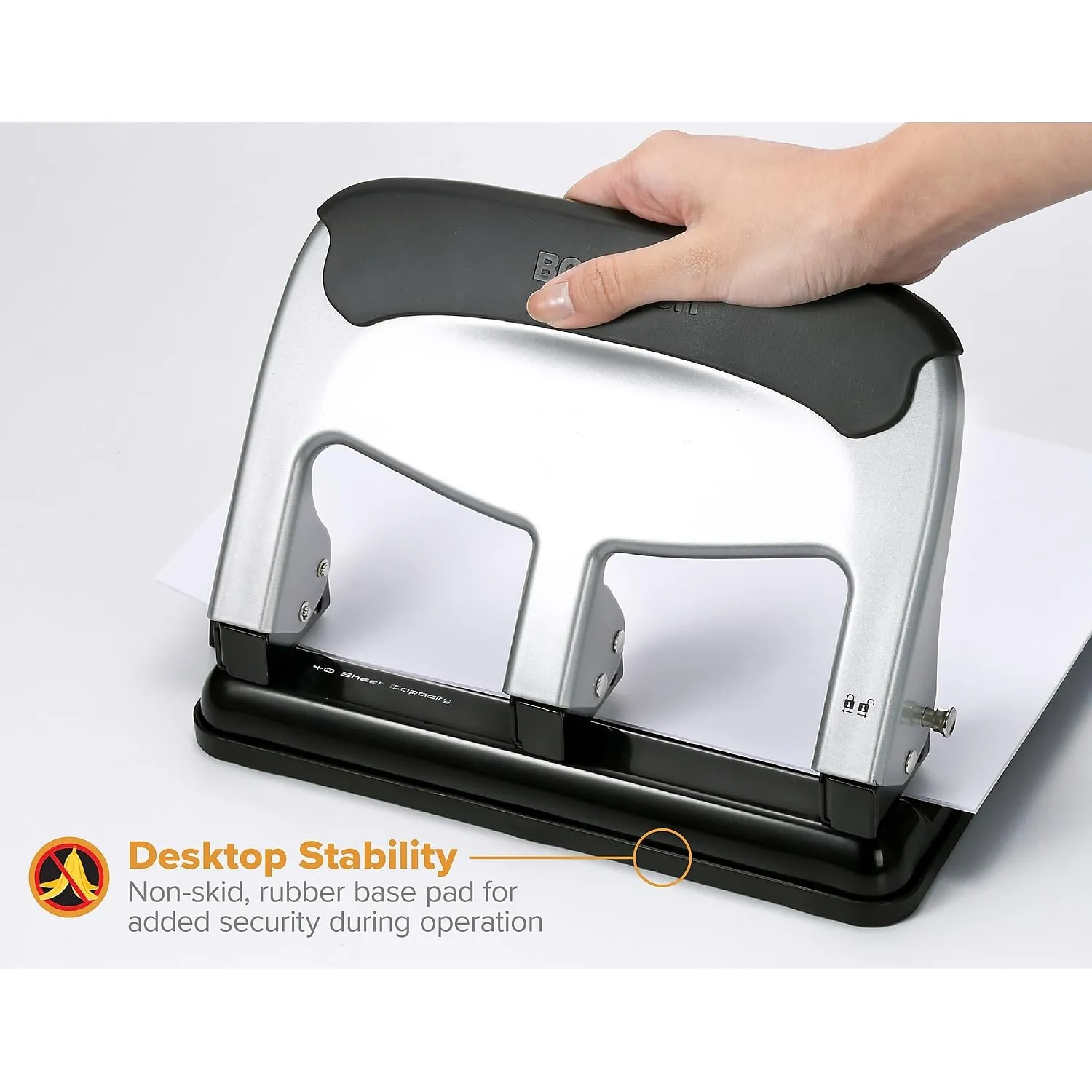 Bostitch Office EZ Squeeze Heavy Duty 3 Hole Punch, 40-Sheet Capacity, Use Less Force, Perfect for Home Office School Supplies, Sleek Design, Silver