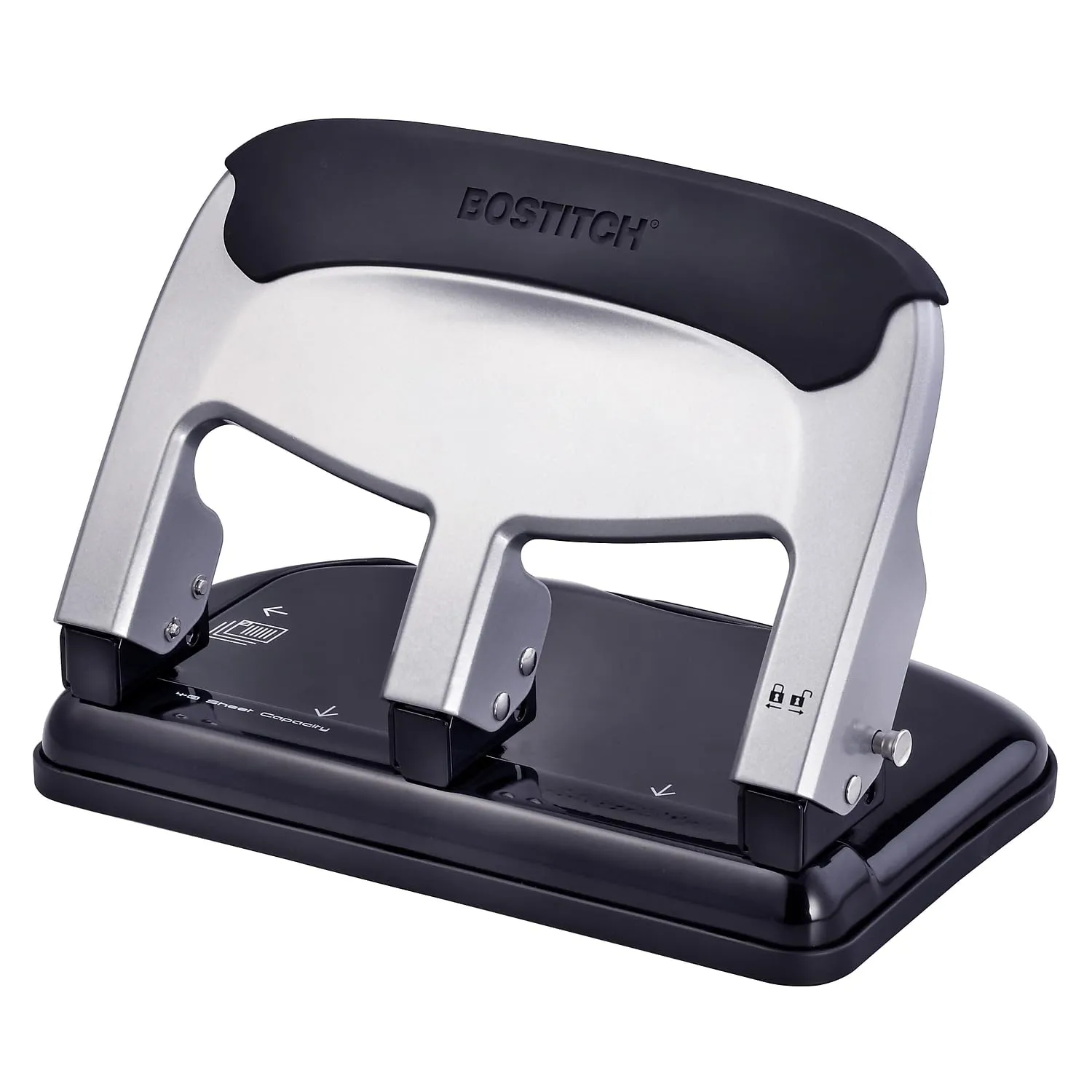 Bostitch Office EZ Squeeze Heavy Duty 3 Hole Punch, 40-Sheet Capacity, Use Less Force, Perfect for Home Office School Supplies, Sleek Design, Silver