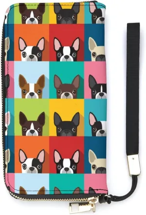Boston Terrier Pattern Women’s Wallet Zippered Long Clutch Purse Leather Handbag with Wristlet Strap