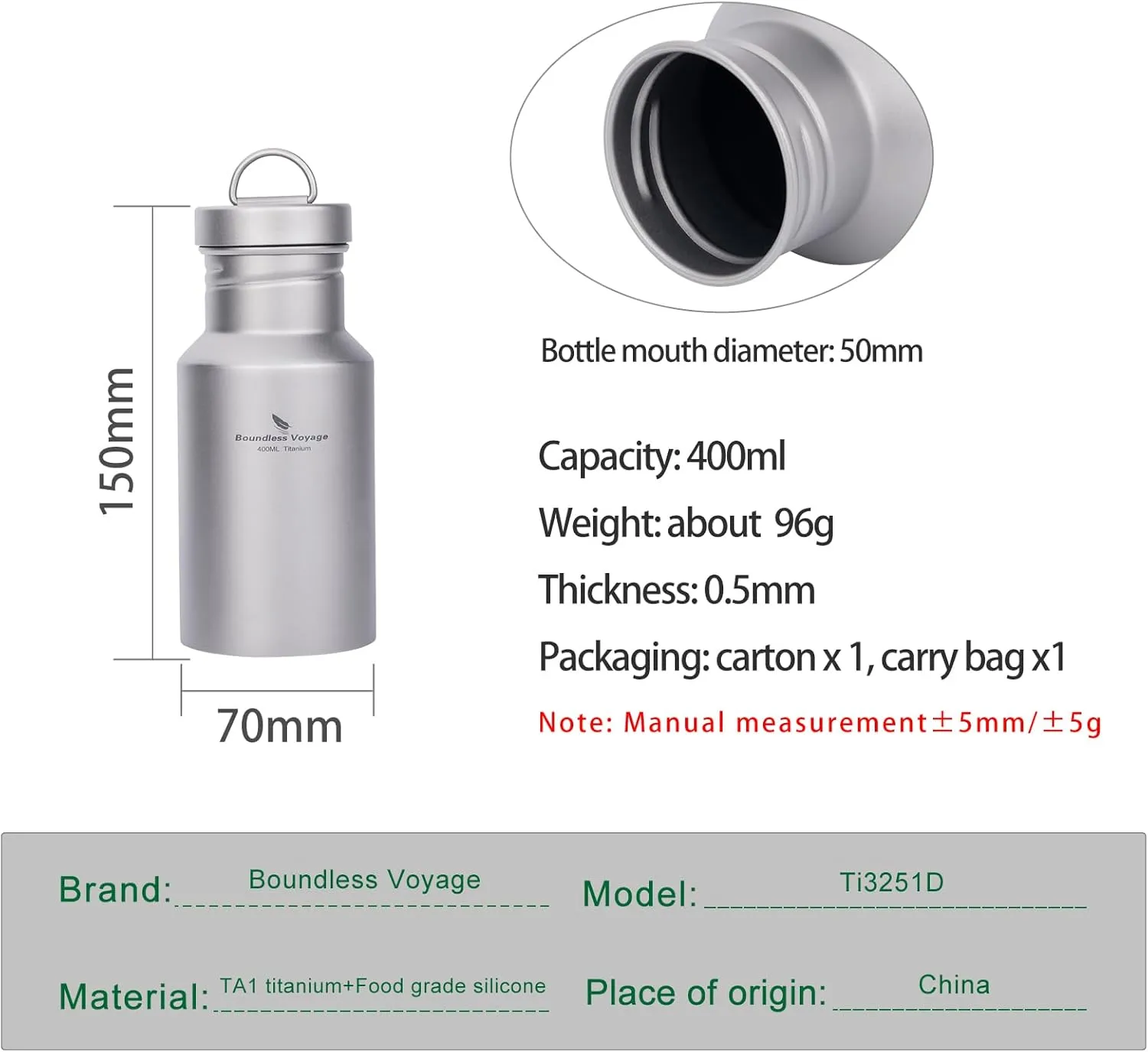 Boundless Voyage Titanium Water Bottle with Lid Wide Mouth Leak-Proof Reusable Sport Drinking Bottle for Camping Hiking Climbing Running Tea Coffee (400ml)