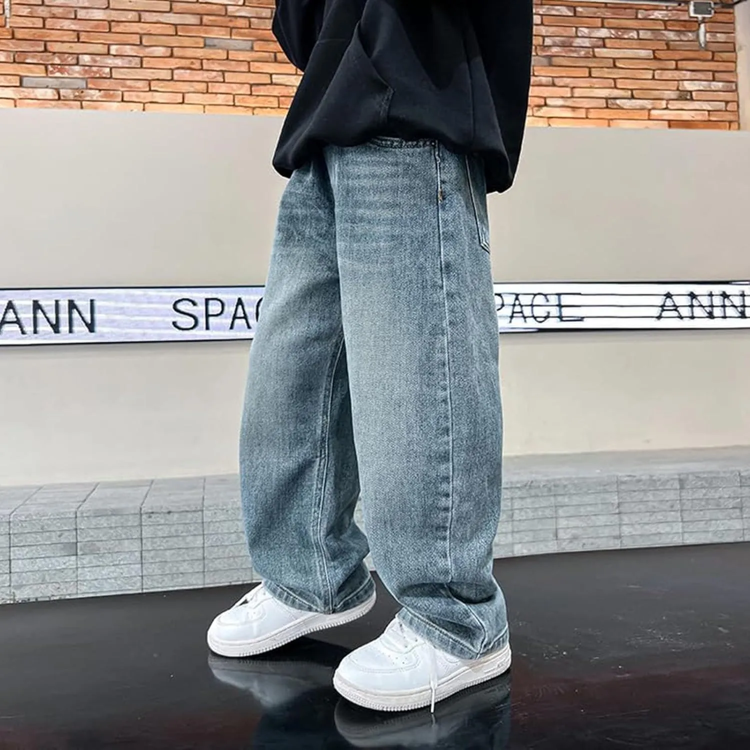Boys Baggy Jeans Leg Baggy Jeans Elastic Waist Loose Denim Pants Trousers with Pockets School Pants for Boys