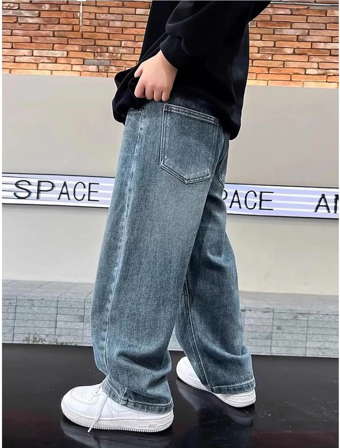 Boys Baggy Jeans Leg Baggy Jeans Elastic Waist Loose Denim Pants Trousers with Pockets School Pants for Boys