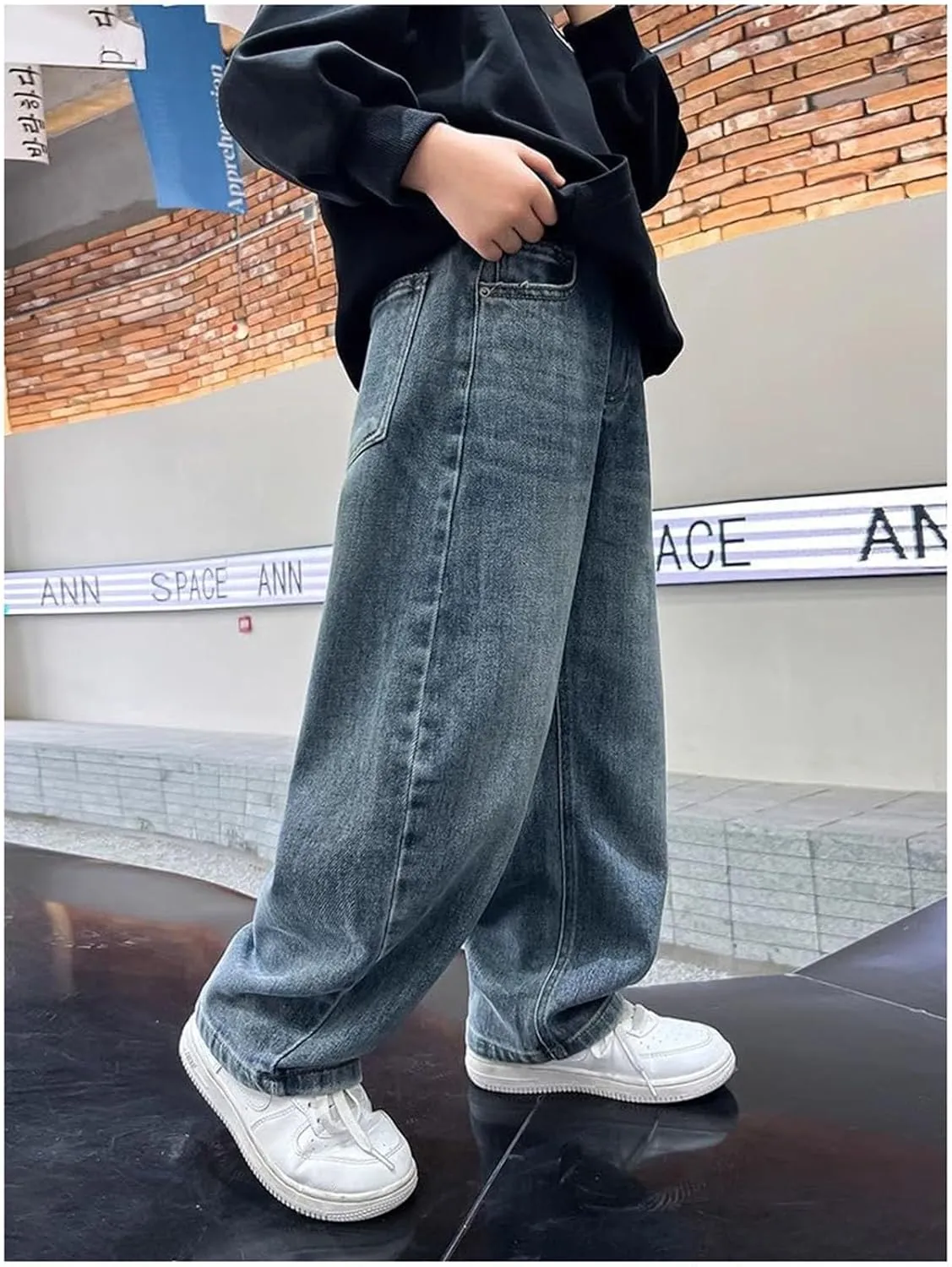 Boys Baggy Jeans Leg Baggy Jeans Elastic Waist Loose Denim Pants Trousers with Pockets School Pants for Boys