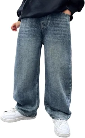 Boys Baggy Jeans Leg Baggy Jeans Elastic Waist Loose Denim Pants Trousers with Pockets School Pants for Boys