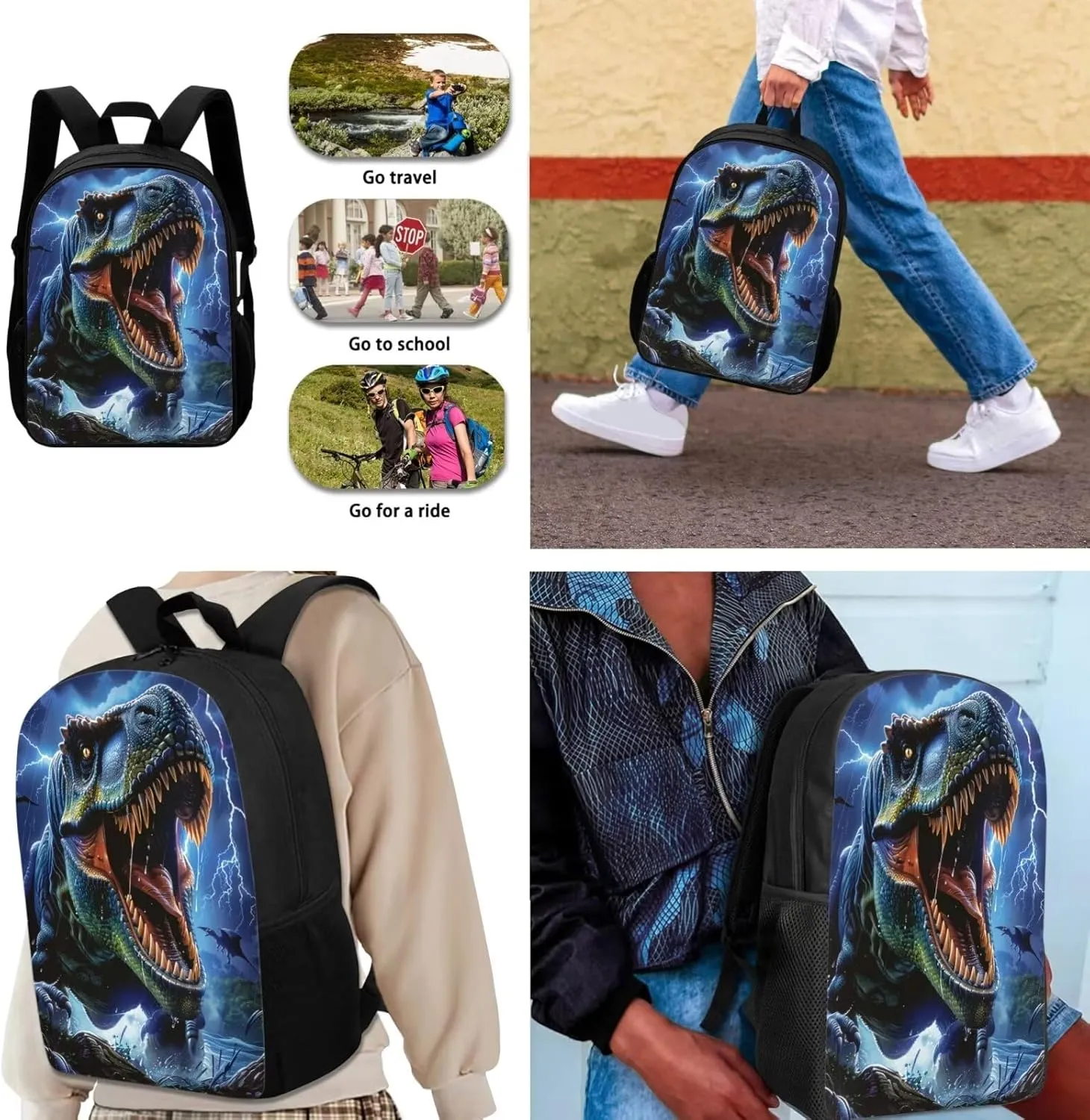 Boys Dinosaur Printed School Backpack, 3 Pcs Kids Backpack Set with Lunch Bag Pencil Case, Lightweight Knapsack Set for Teens, Large Casual School Bag Set for Primary School Students