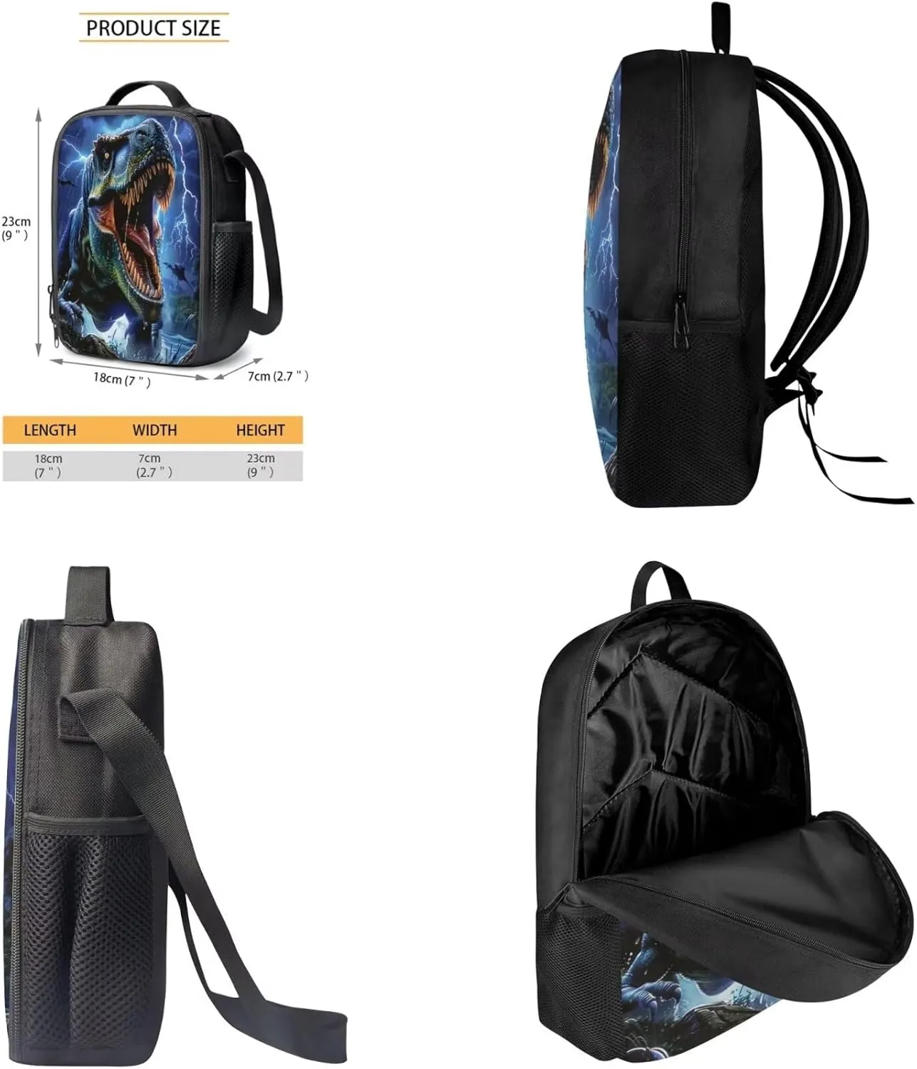 Boys Dinosaur Printed School Backpack, 3 Pcs Kids Backpack Set with Lunch Bag Pencil Case, Lightweight Knapsack Set for Teens, Large Casual School Bag Set for Primary School Students